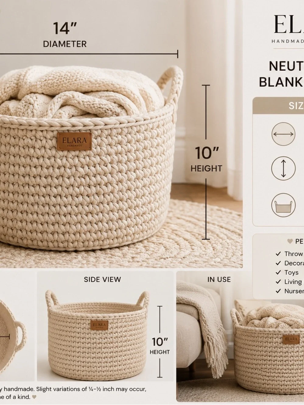 ELARA Handmade Neutral Knit Blanket Basket